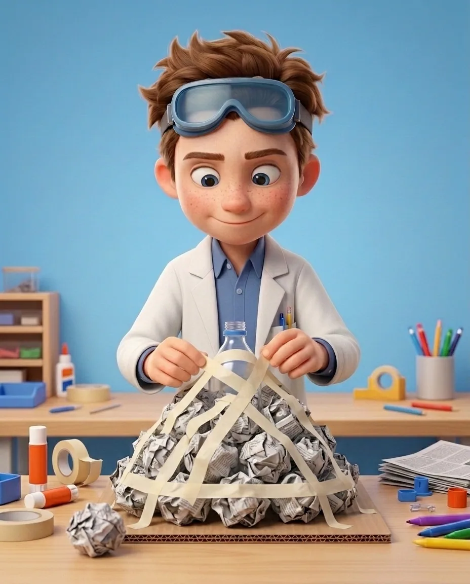 Professor O, a friendly 9-year-old boy scientist, fair skin with a few light freckles, tousled brown hair, with a pair of goggles pushed up on his…