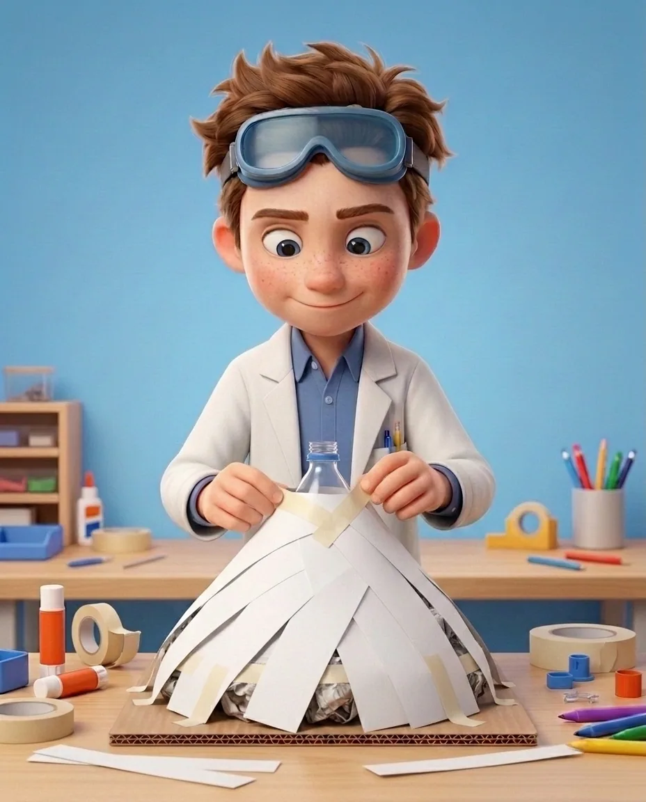 Professor O, a friendly 9-year-old boy scientist, fair skin with a few light freckles, tousled brown hair, with a pair of goggles pushed up on his…