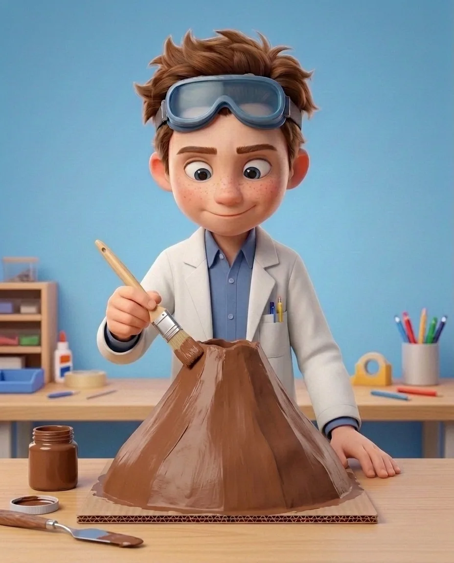 Professor O, a friendly 9-year-old boy scientist, fair skin with a few light freckles, tousled brown hair, with a pair of goggles pushed up on his…