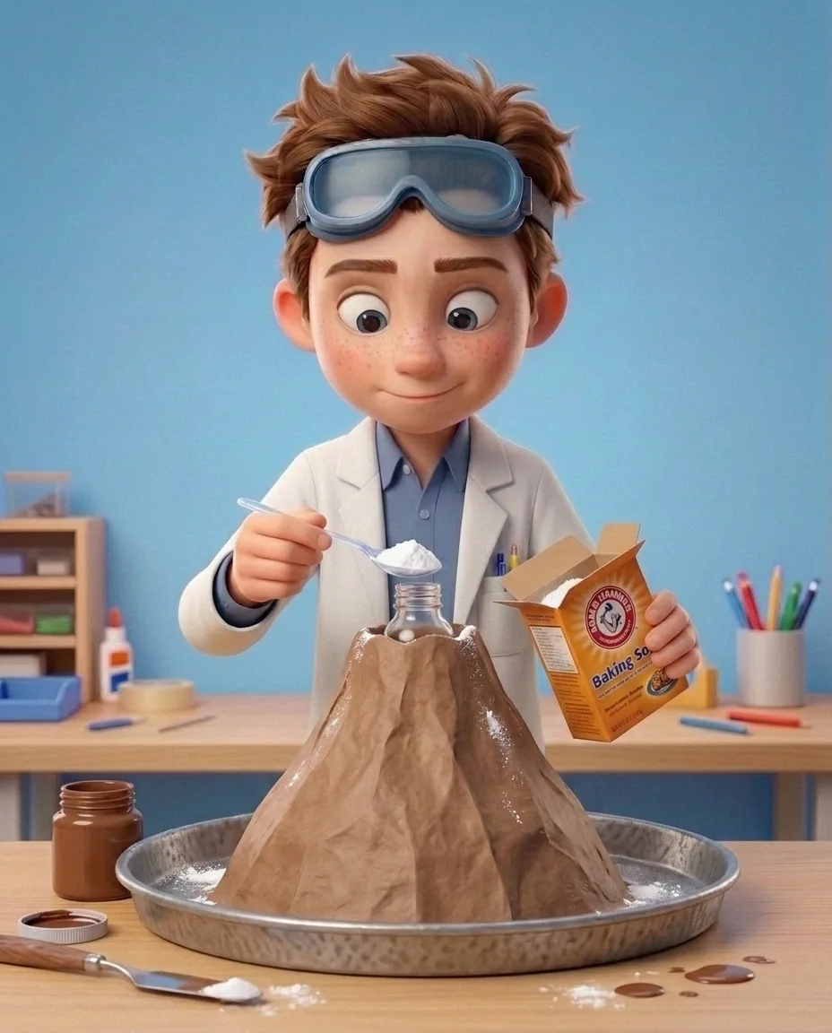 Professor O, a friendly 9-year-old boy scientist, fair skin with a few light freckles, tousled brown hair, with a pair of goggles pushed up on his…