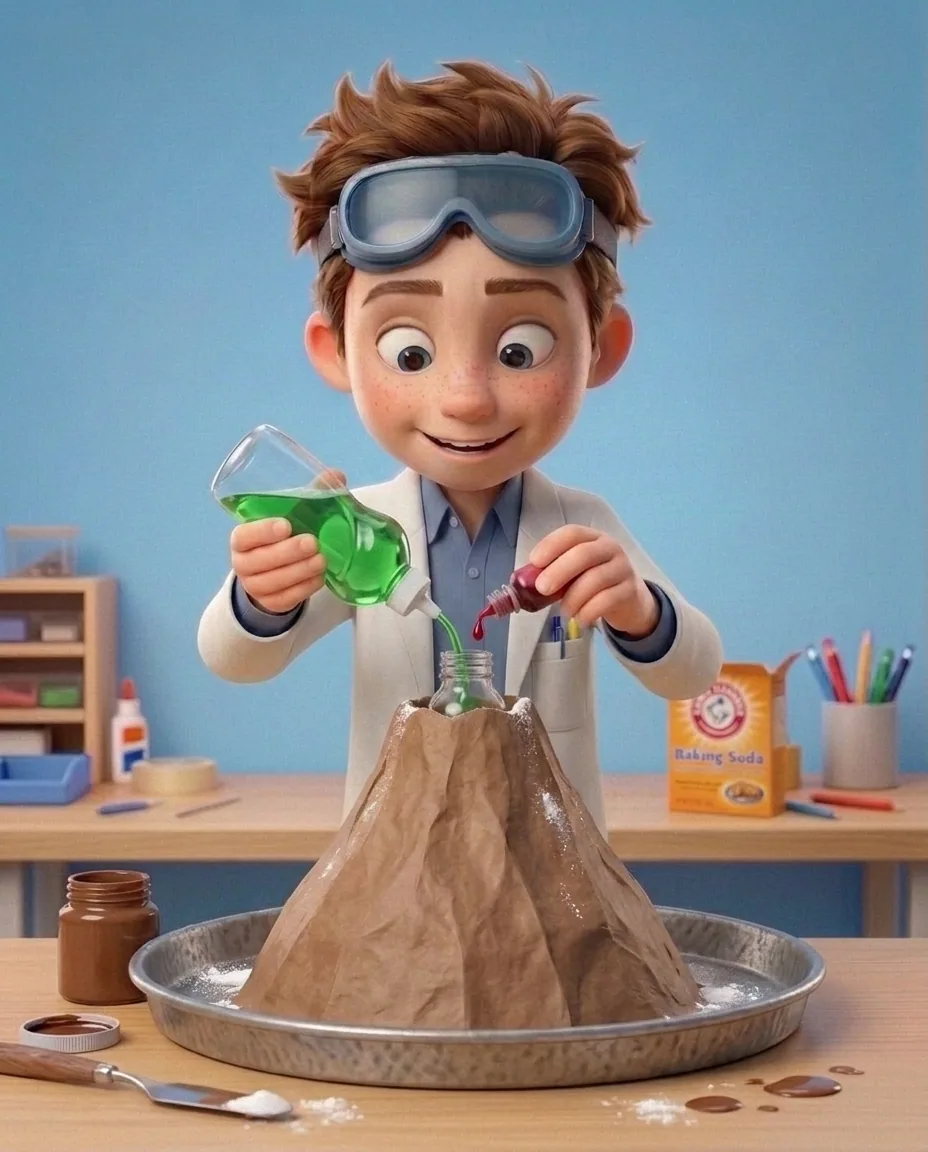 Professor O, a friendly 9-year-old boy scientist, fair skin with a few light freckles, tousled brown hair, with a pair of goggles pushed up on his…