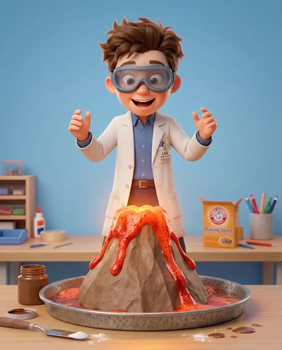 Professor O, a friendly 9-year-old boy scientist, fair skin with a few light freckles, tousled brown hair, with protective goggles pulled down over…