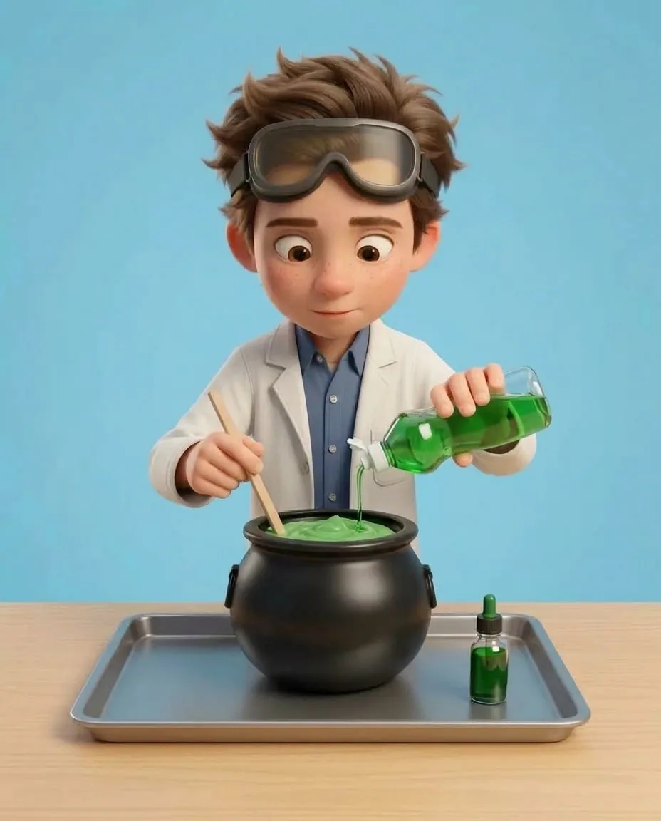 Professor O adds a squeeze of washing-up liquid and drops of green food colouring onto the white powder inside the cauldron.
