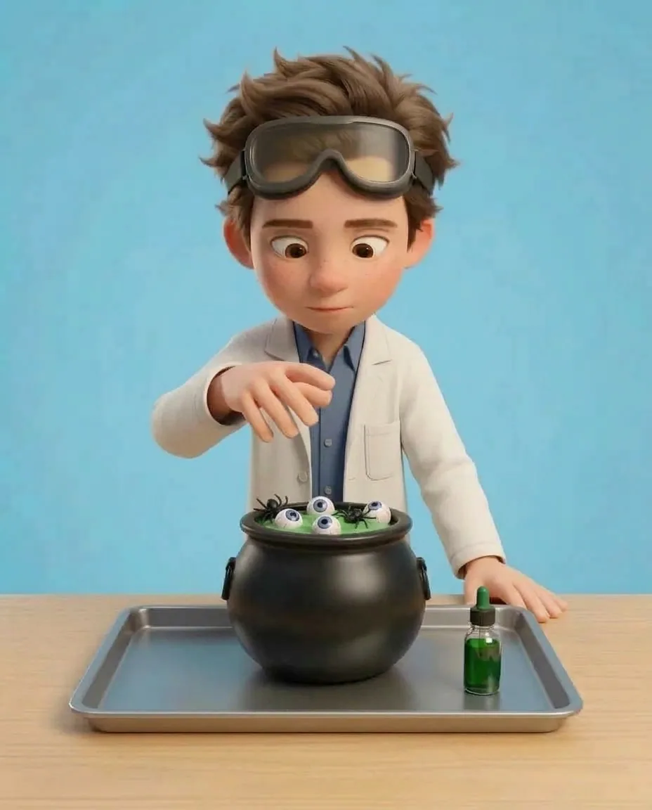 Professor O drops three small black plastic spiders and two plastic toy eyeballs into the green paste inside the black cauldron.