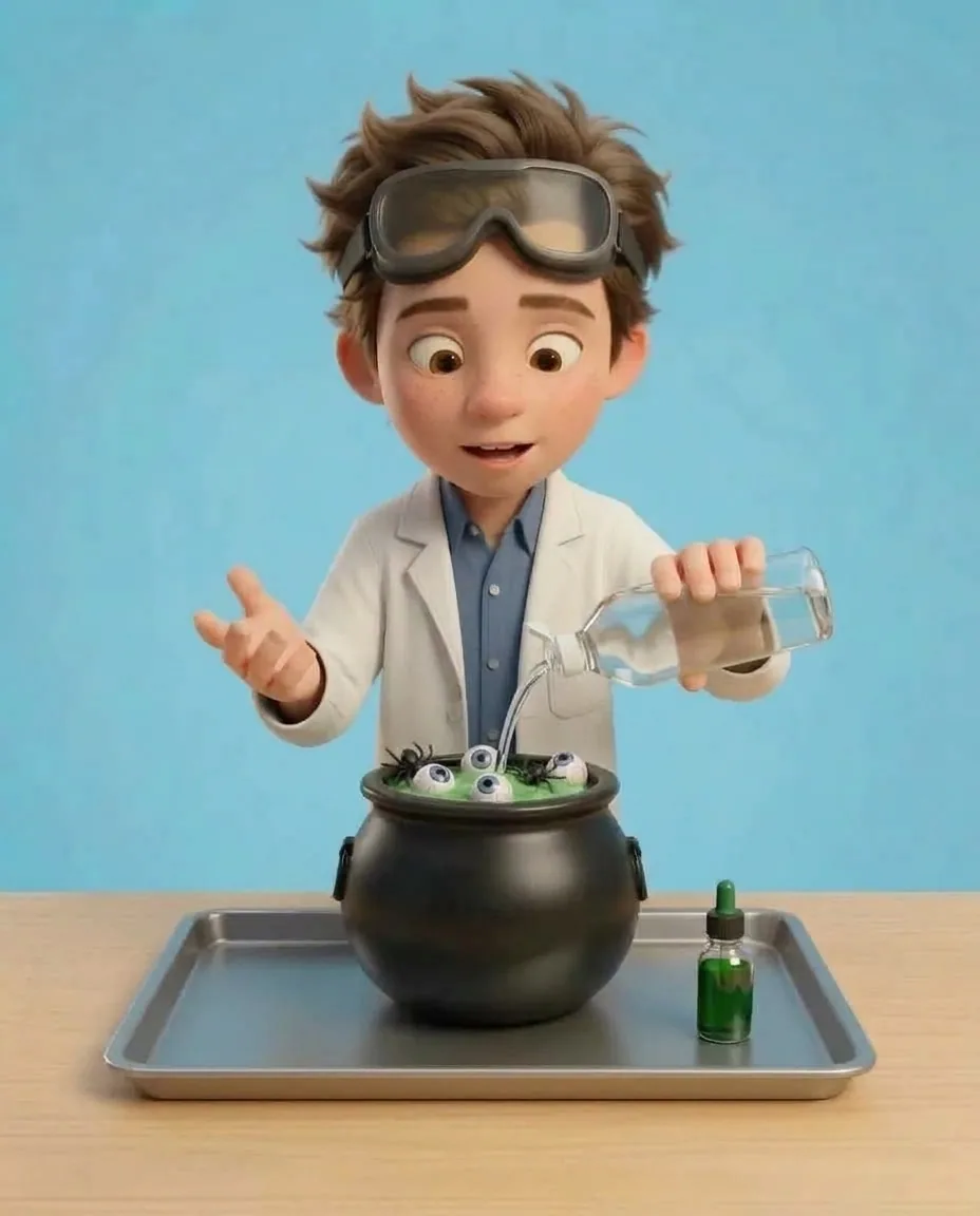 Professor O tilts a clear bottle to pour a splash of clear vinegar into the cauldron over the green mixture.