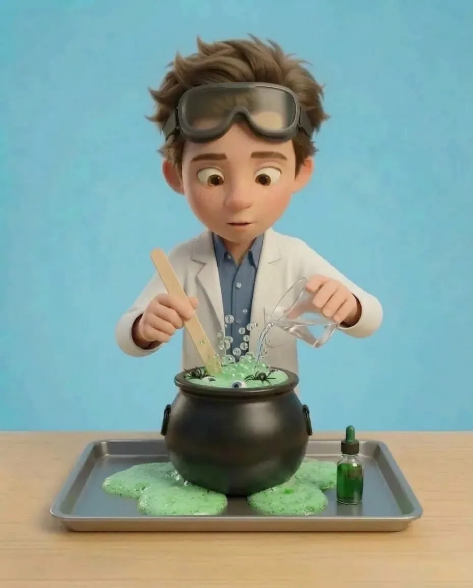 Professor O uses a wooden stick to stir the settling green foam inside the black cauldron.