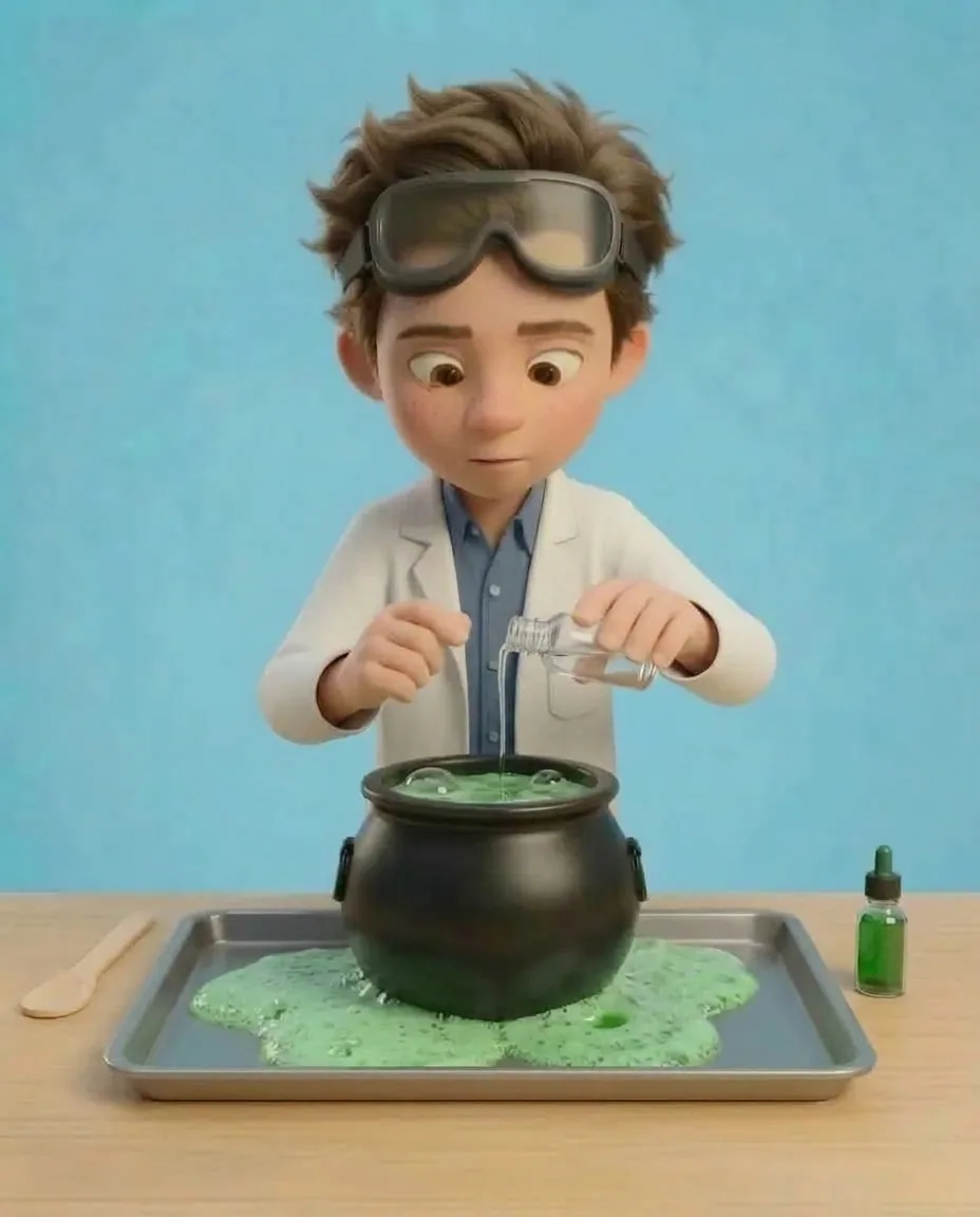 Professor O pours a final trickle of vinegar into the cauldron until no new bubbles form and the foaming stops completely.