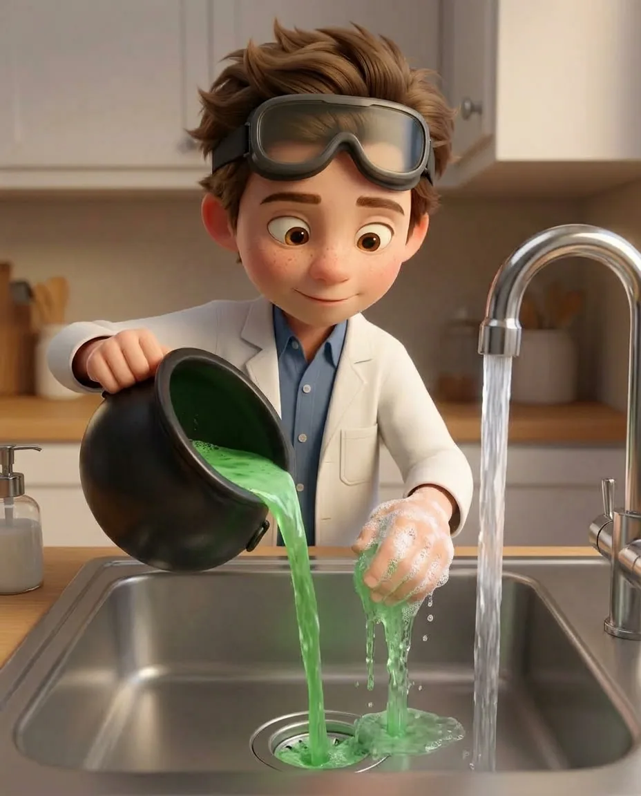 Professor O tips the leftover green liquid from the black cauldron down the sink drain as a stream of tap water flushes it away.