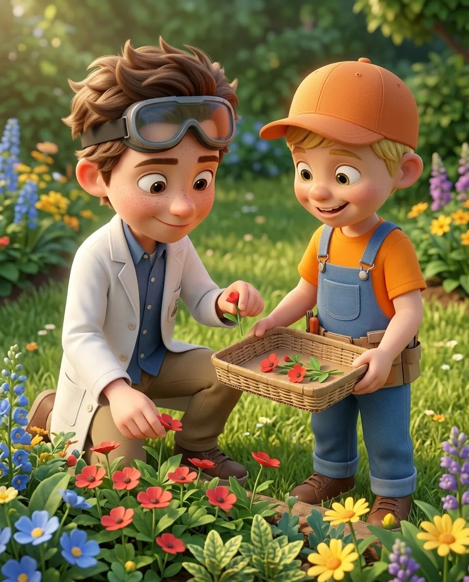 Professor O carefully picks small, flat red flowers and green leaves from a flower bed.
