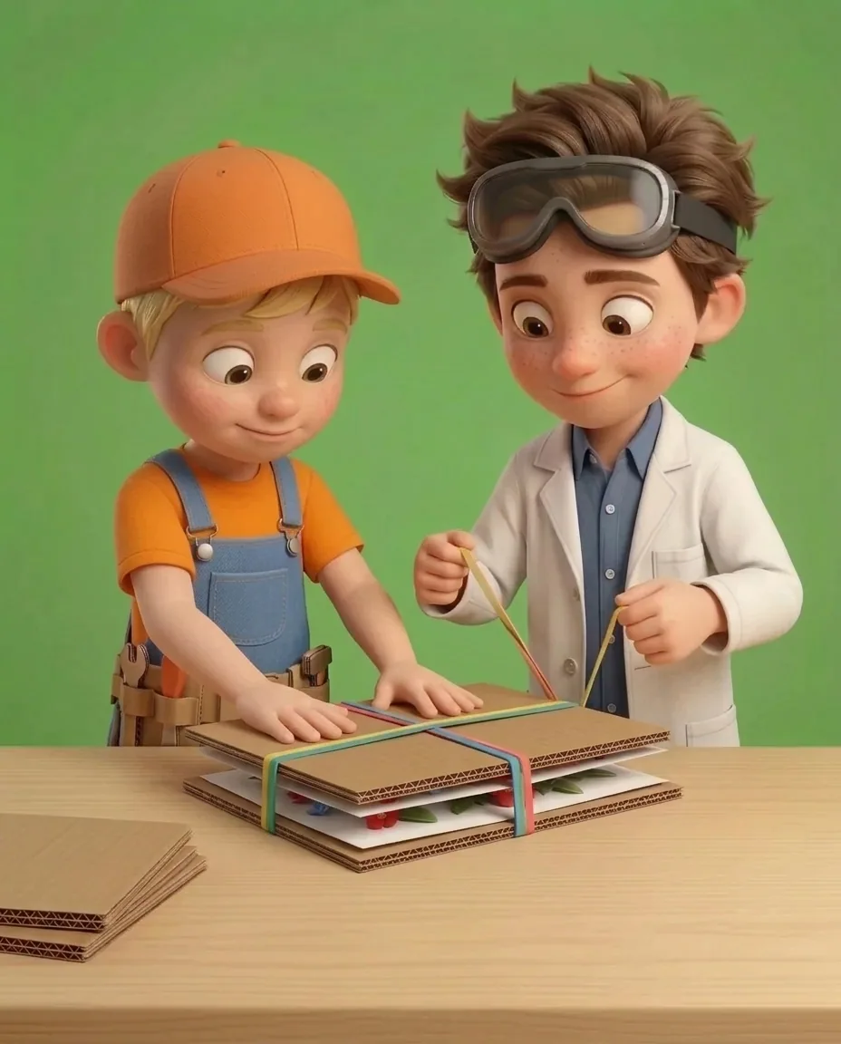 Captain A presses the cardboard sandwich firmly together with both hands.