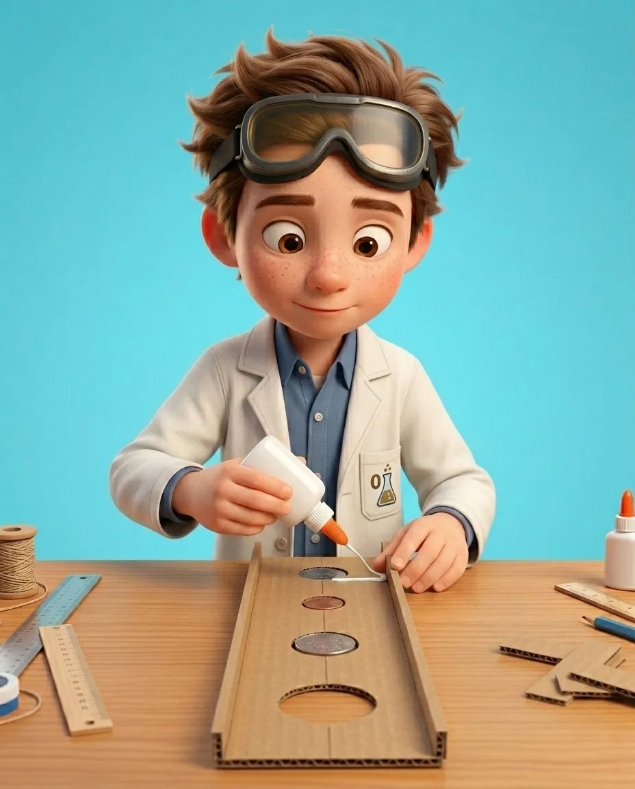 Professor O, a friendly 9-year-old boy scientist, fair skin with a few light freckles, tousled brown hair, with a pair of goggles pushed up on his…