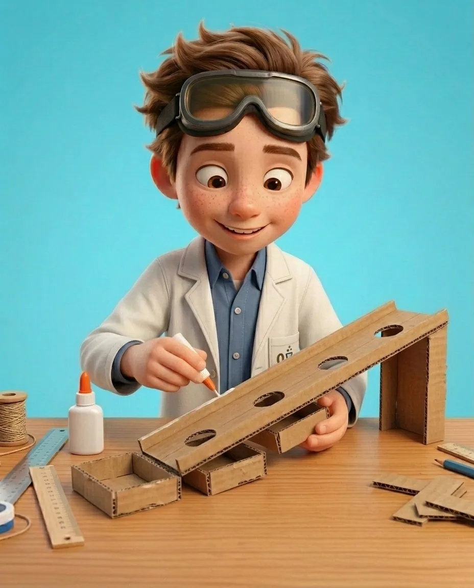 Professor O, a friendly 9-year-old boy scientist, fair skin with a few light freckles, tousled brown hair, with a pair of goggles pushed up on his…