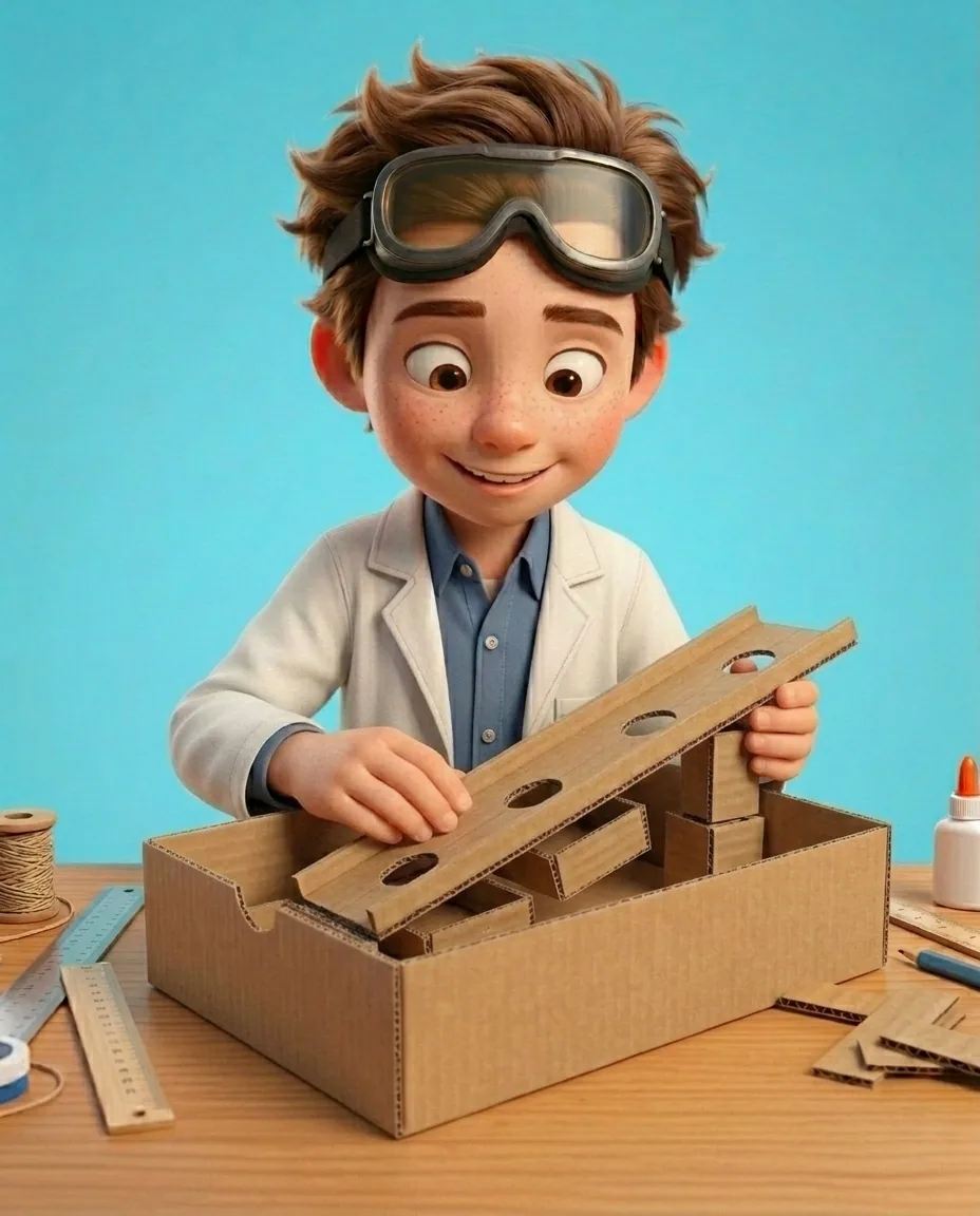Professor O, a friendly 9-year-old boy scientist, fair skin with a few light freckles, tousled brown hair, with a pair of goggles pushed up on his…