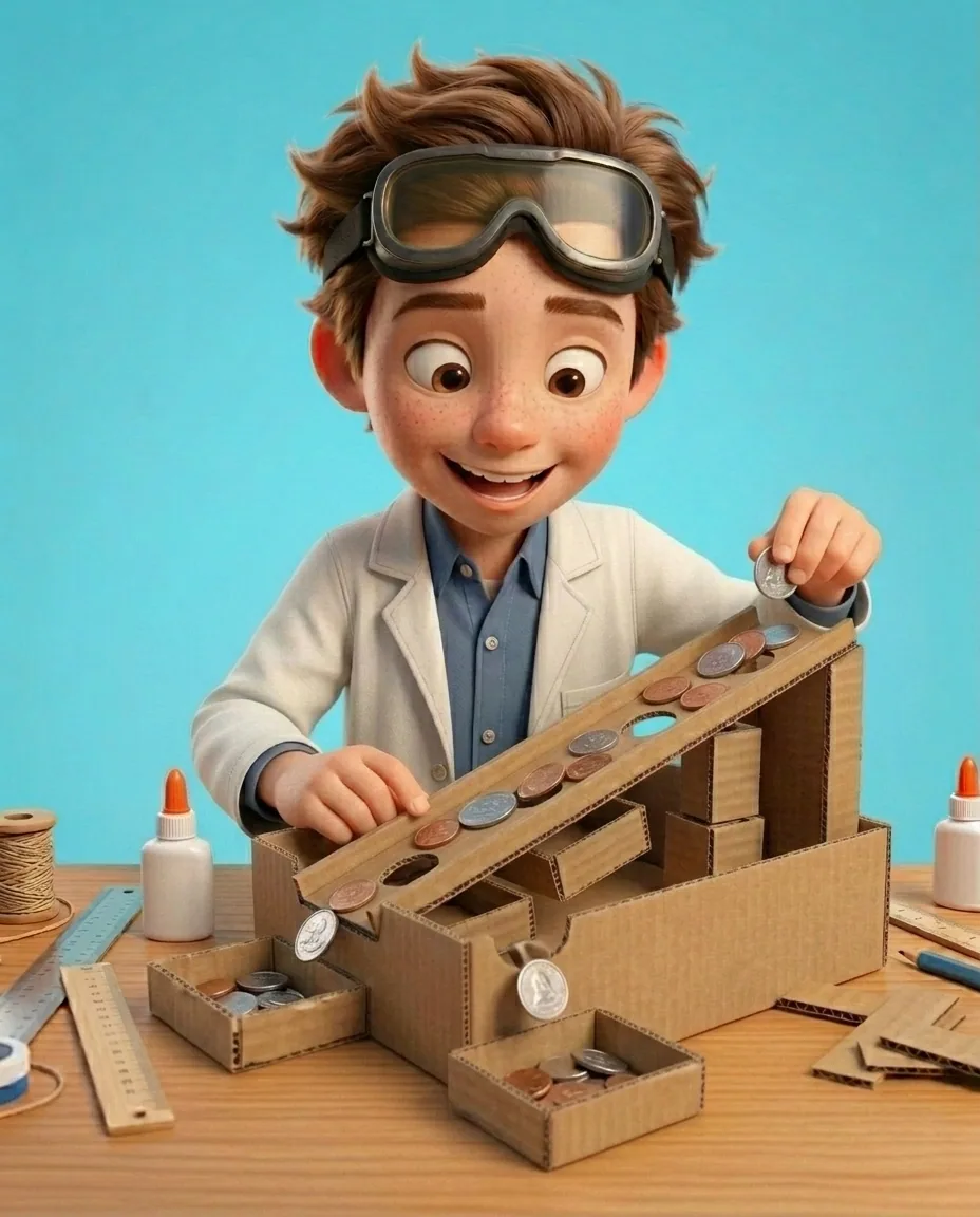 Professor O, a friendly 9-year-old boy scientist, fair skin with a few light freckles, tousled brown hair, with a pair of goggles pushed up on his…