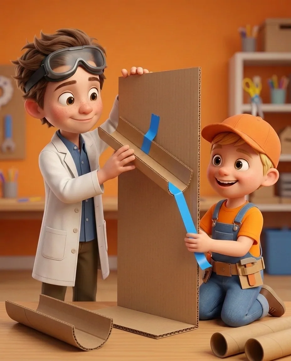 In the cozy room with a warm orange background and wooden craft table, the tall rectangular cardboard base stands vertically upright.