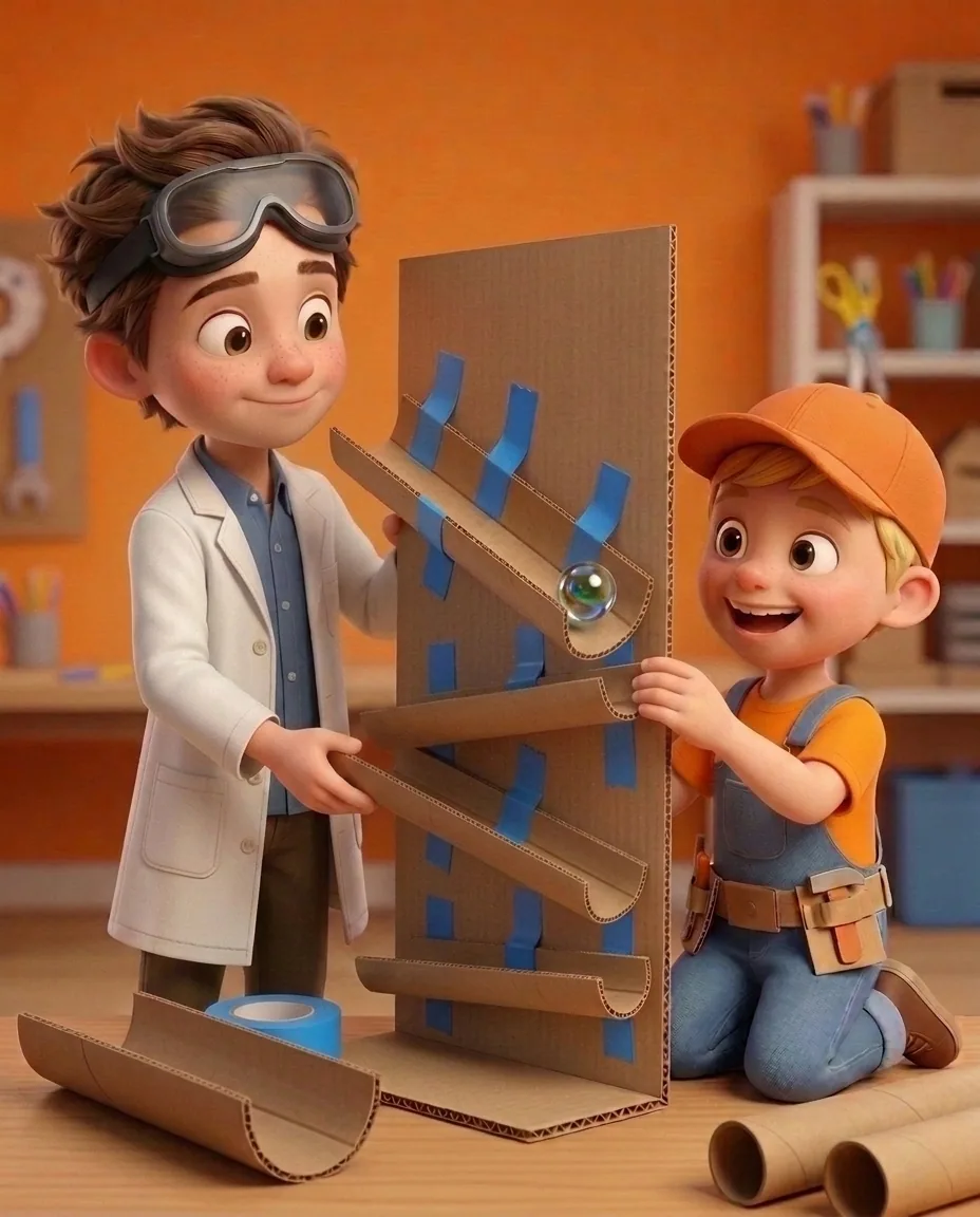 In the cozy room with a warm orange background and wooden craft table, on the tall upright cardboard base, a multi-tiered zig-zag track made of open…
