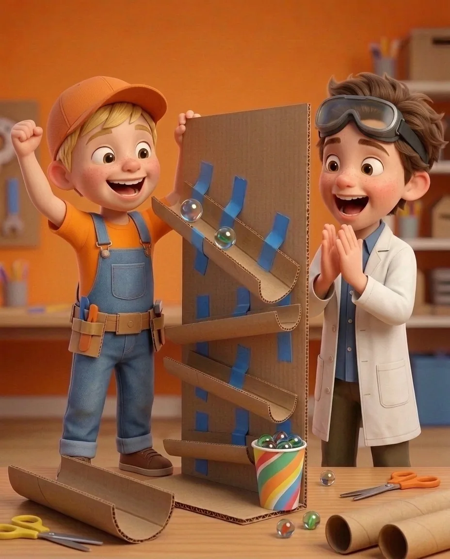 In the cozy room with a warm orange background and wooden craft table, Captain A, a cheerful energetic 6-year-old boy maker with a big grin, short…