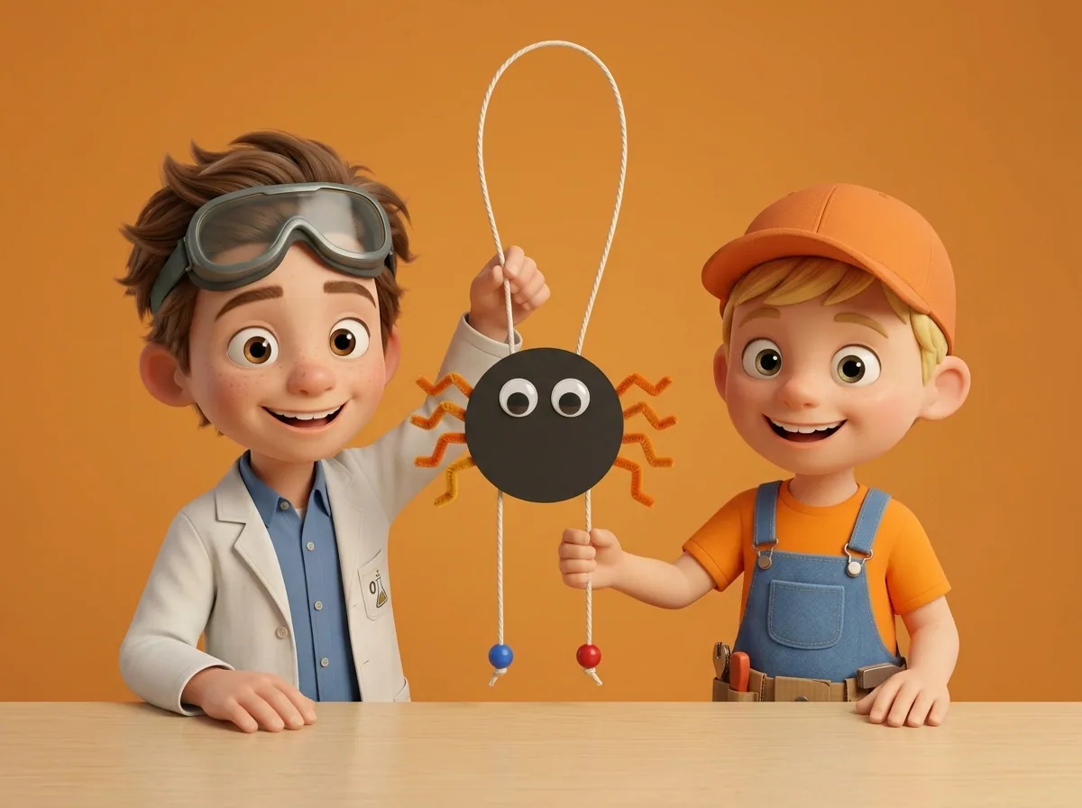 Professor O and Captain A proudly present the finished climbing spider toy, holding it up together to show it off.