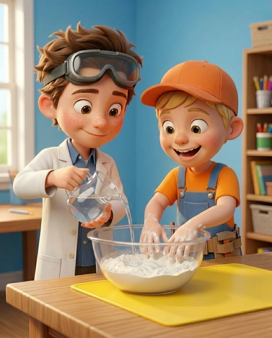 In a bright cozy craft room with a sky blue background wall and a sturdy oak wooden table, Professor O, a friendly 9-year-old boy scientist, fair…