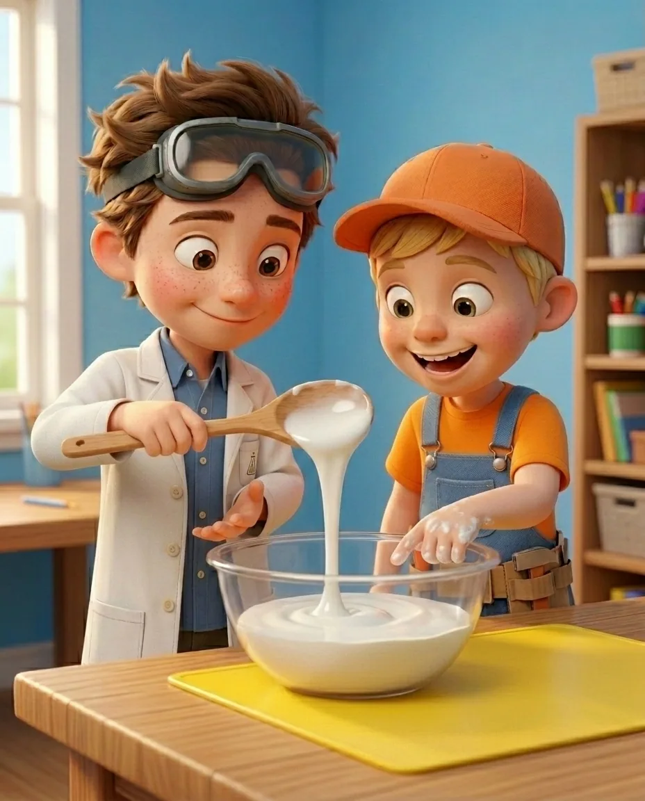 In a bright cozy craft room with a sky blue background wall and a sturdy oak wooden table, Professor O, a friendly 9-year-old boy scientist, fair…