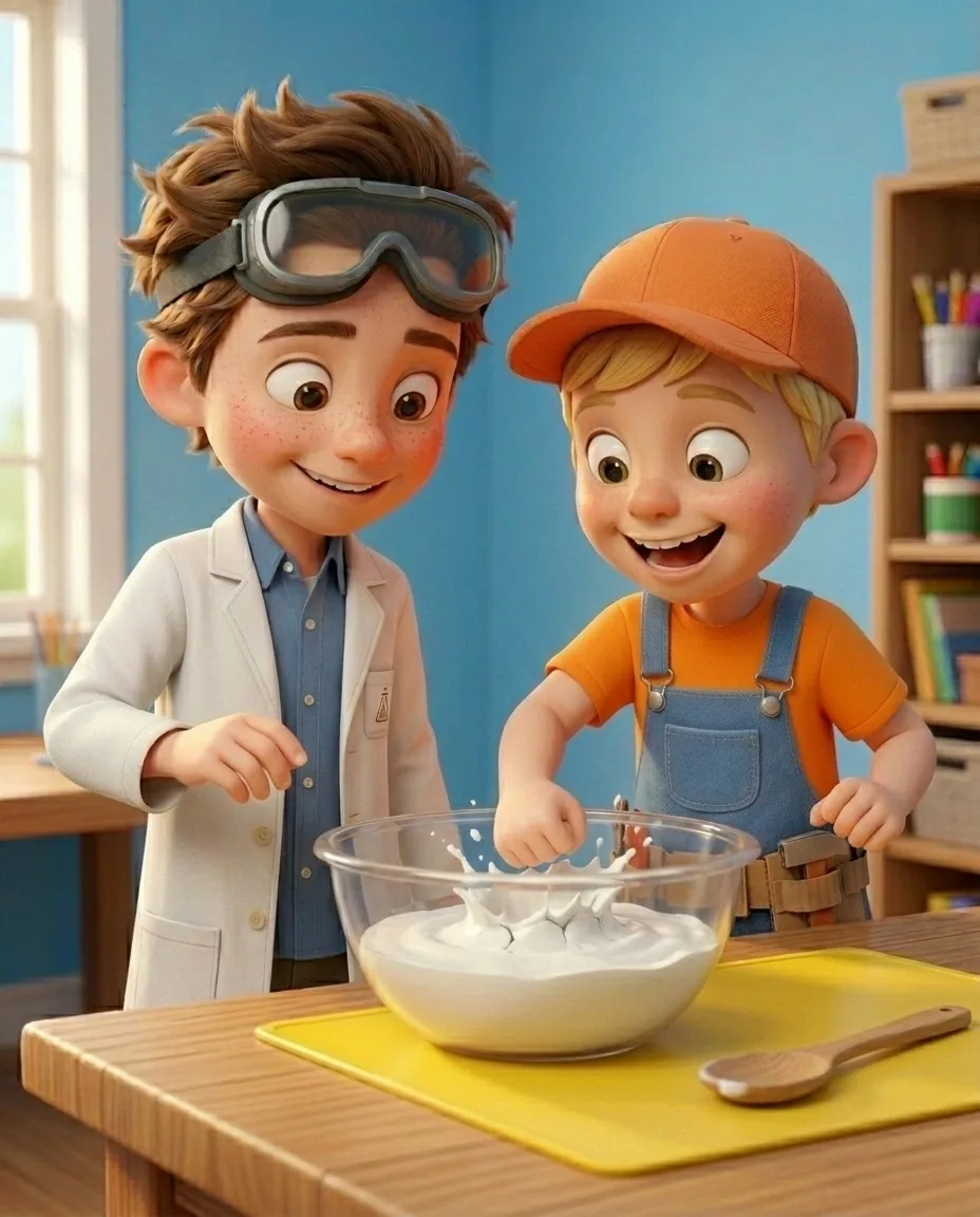 In a bright cozy craft room with a sky blue background wall and a sturdy oak wooden table, Captain A, a cheerful energetic 6-year-old boy maker with…