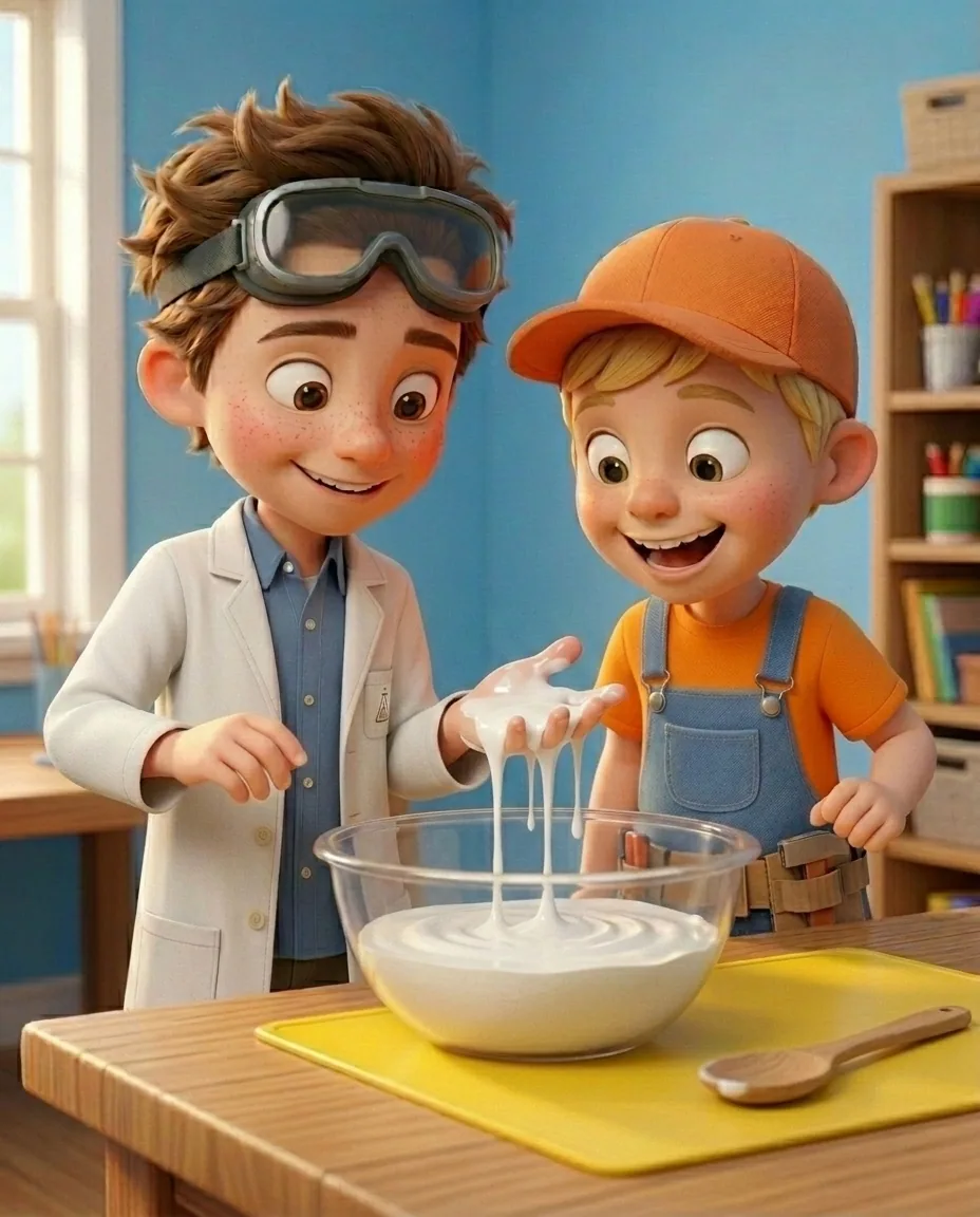 In a bright cozy craft room with a sky blue background wall and a sturdy oak wooden table, Professor O, a friendly 9-year-old boy scientist, fair…
