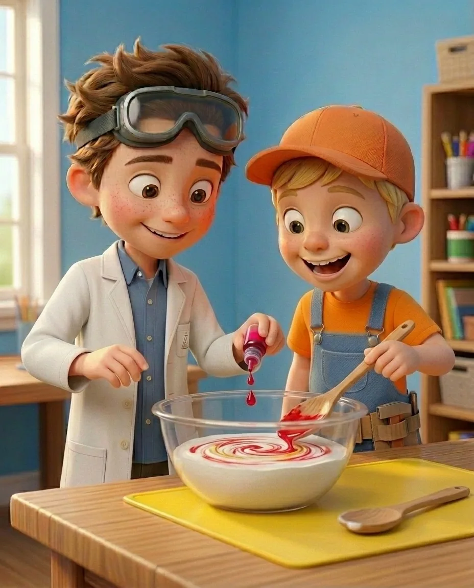 In a bright cozy craft room with a sky blue background wall and a sturdy oak wooden table, Professor O, a friendly 9-year-old boy scientist, fair…