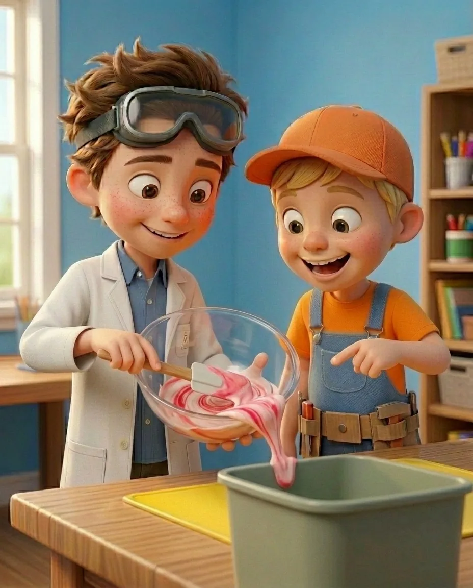 In a bright cozy craft room with a sky blue background wall and a sturdy oak wooden table, Professor O, a friendly 9-year-old boy scientist, fair…