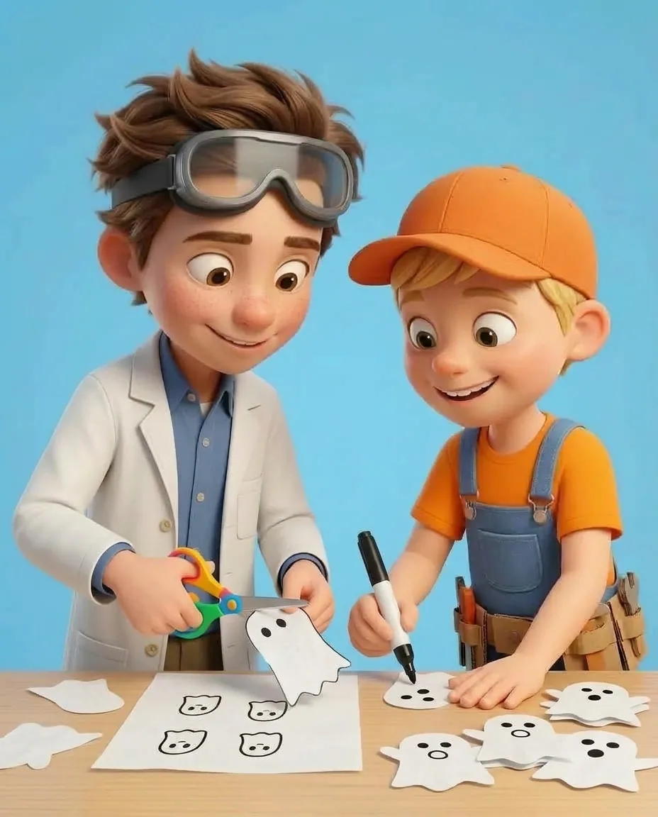 Professor O uses scissors to cut out the ten small white tissue ghosts from the sheet.
