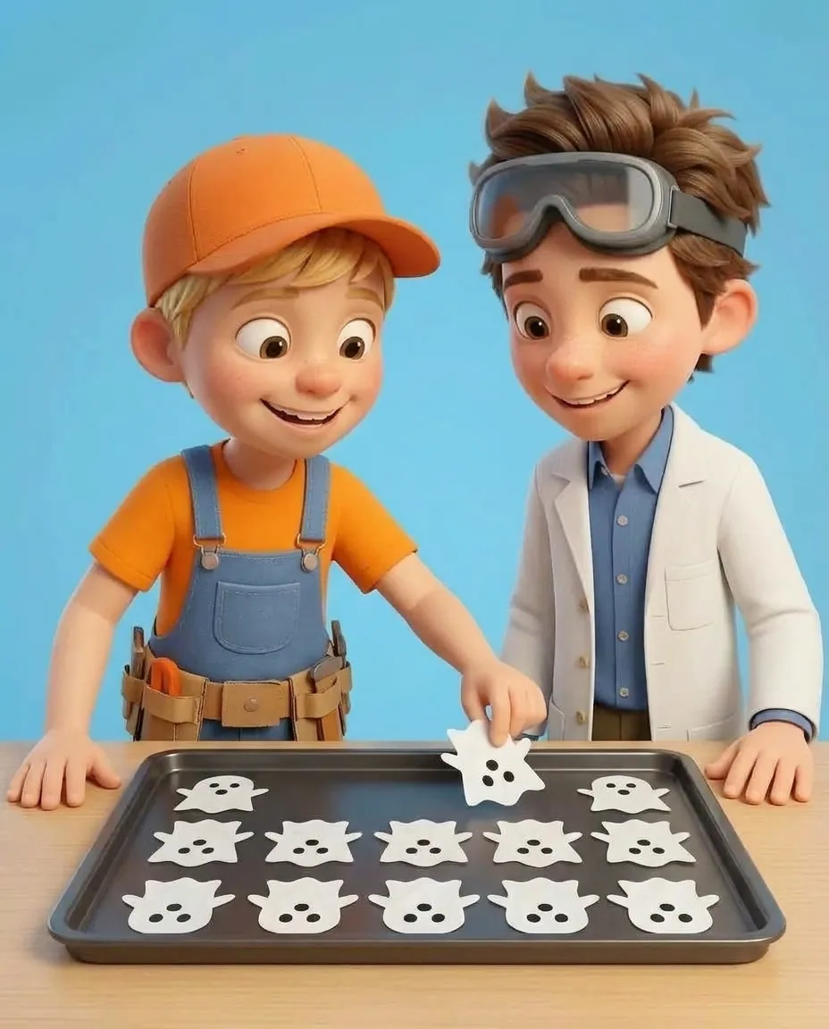 Captain A lays the ten cut-out white tissue ghosts out flat across a plain dark tray.