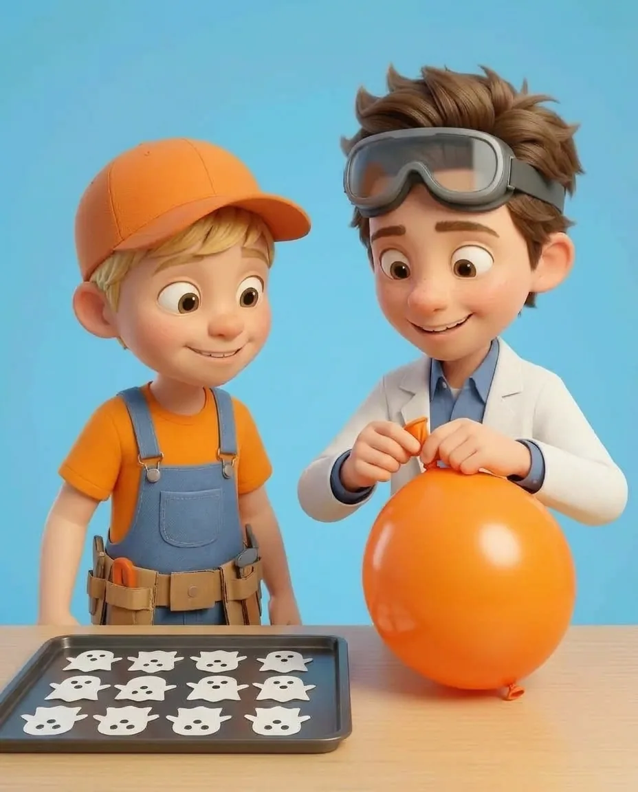 Professor O inflates a bright balloon until it is round and full, then ties the neck into a tight knot.