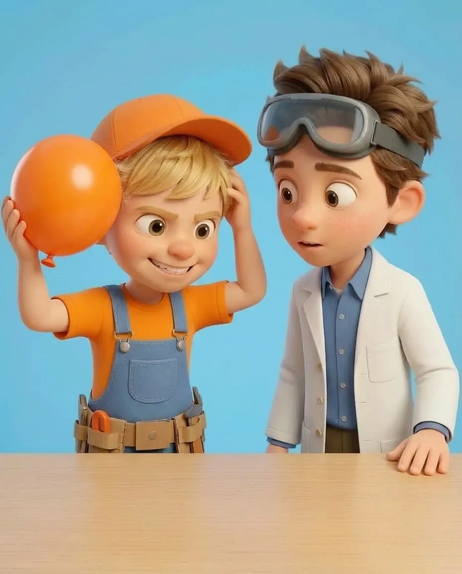Captain A holds the tied balloon and rubs it quickly back and forth against hair for twenty seconds to build static electricity.