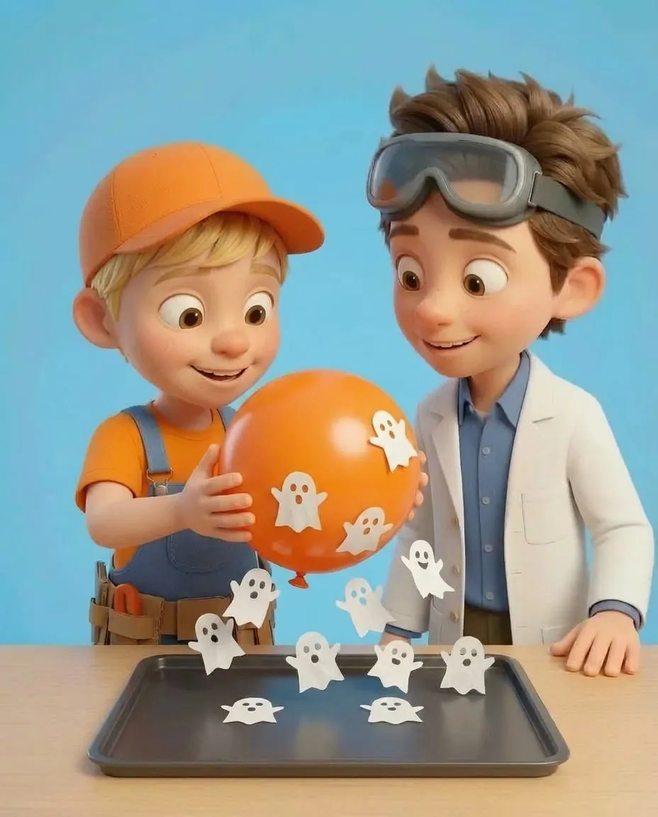 Captain A slowly lowers the static-charged balloon down towards the ten small white tissue ghosts on the dark tray without touching them.