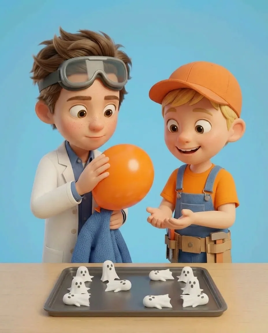 As the static charge weakens and the tissue ghosts settle back onto the dark tray, Professor O takes the balloon and rubs it quickly against a woolly…