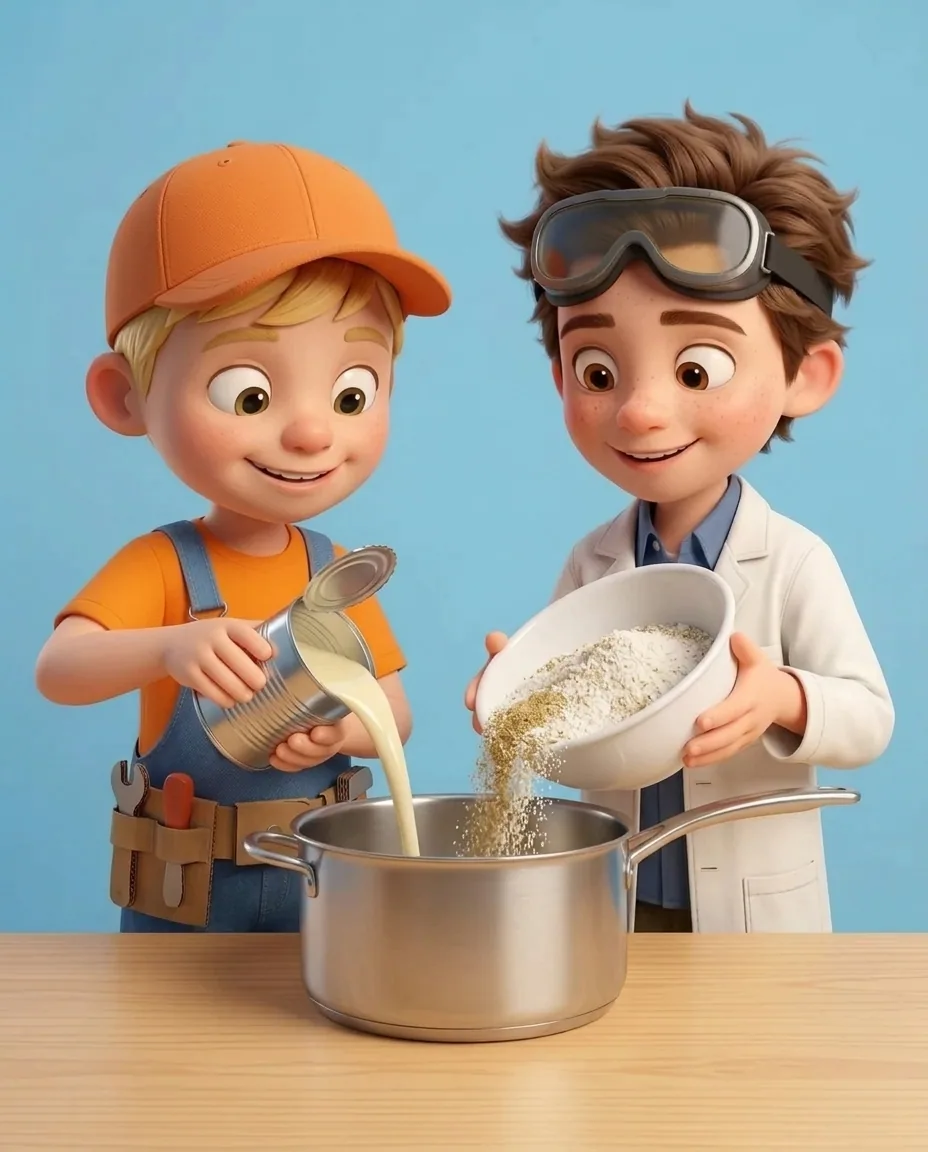 Captain A pours liquid condensed milk from a can into a stainless steel saucepan.