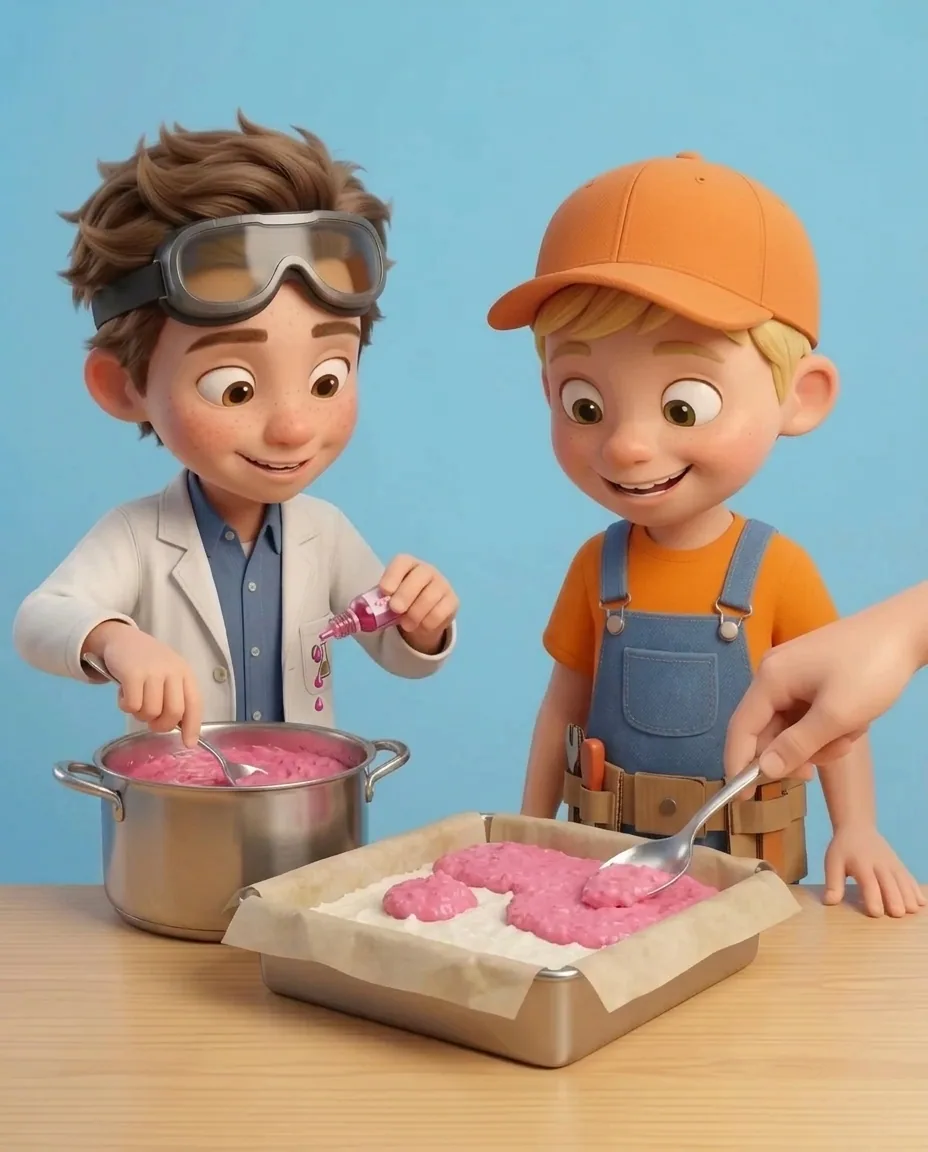 Professor O adds drops of pink food colouring to the remaining coconut mixture in the pan and stirs until it turns bright pink.