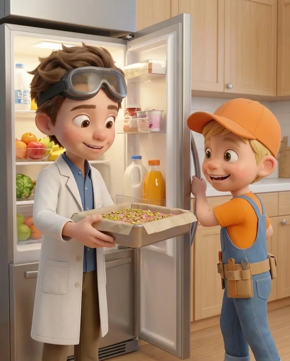 Professor O holds the square tin containing the layered barfi and slides it onto a middle shelf inside the open refrigerator.