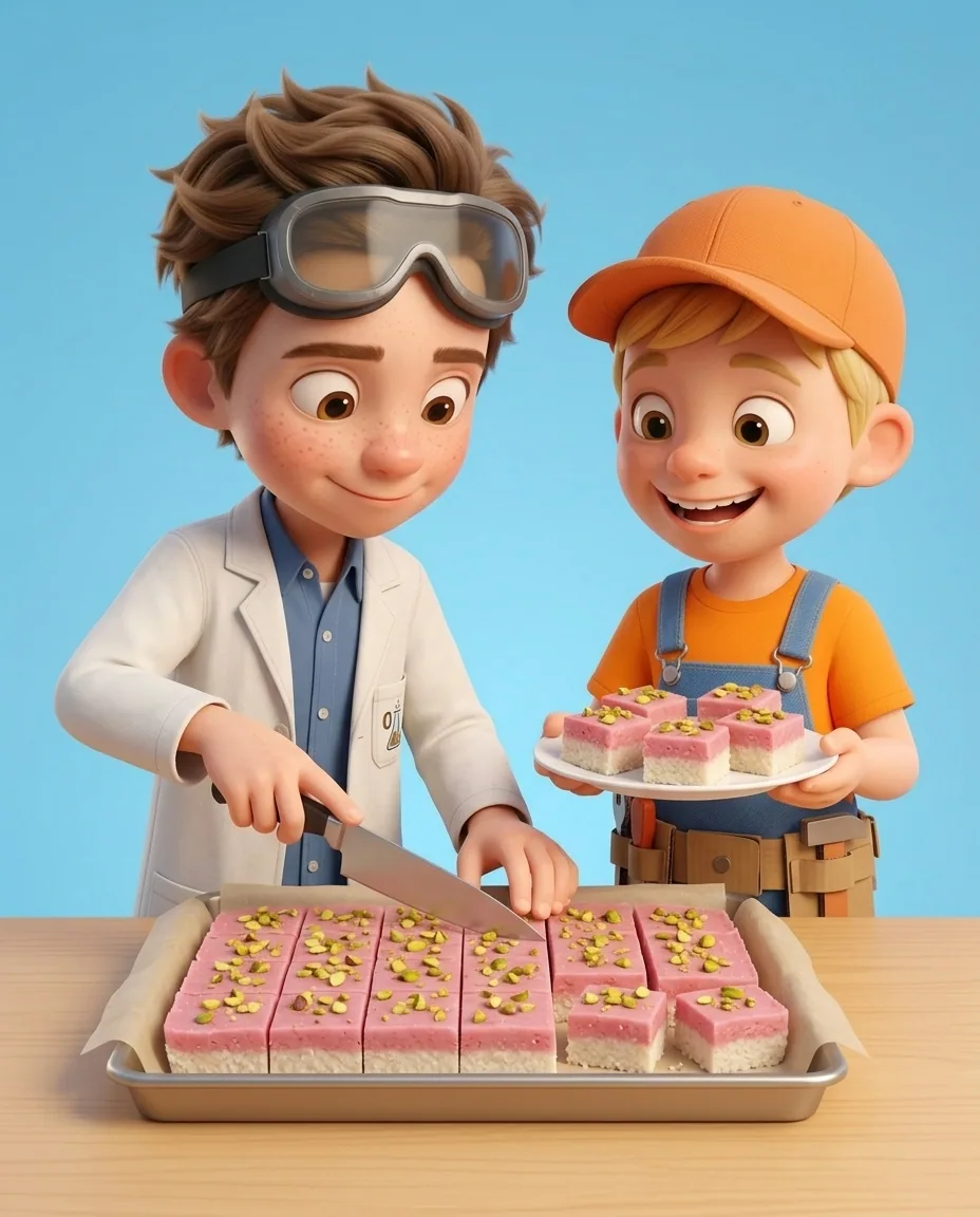 Professor O uses a sharp knife to cut the chilled barfi into neat, equal square pieces, displaying the distinct white bottom layer and pink top layer…