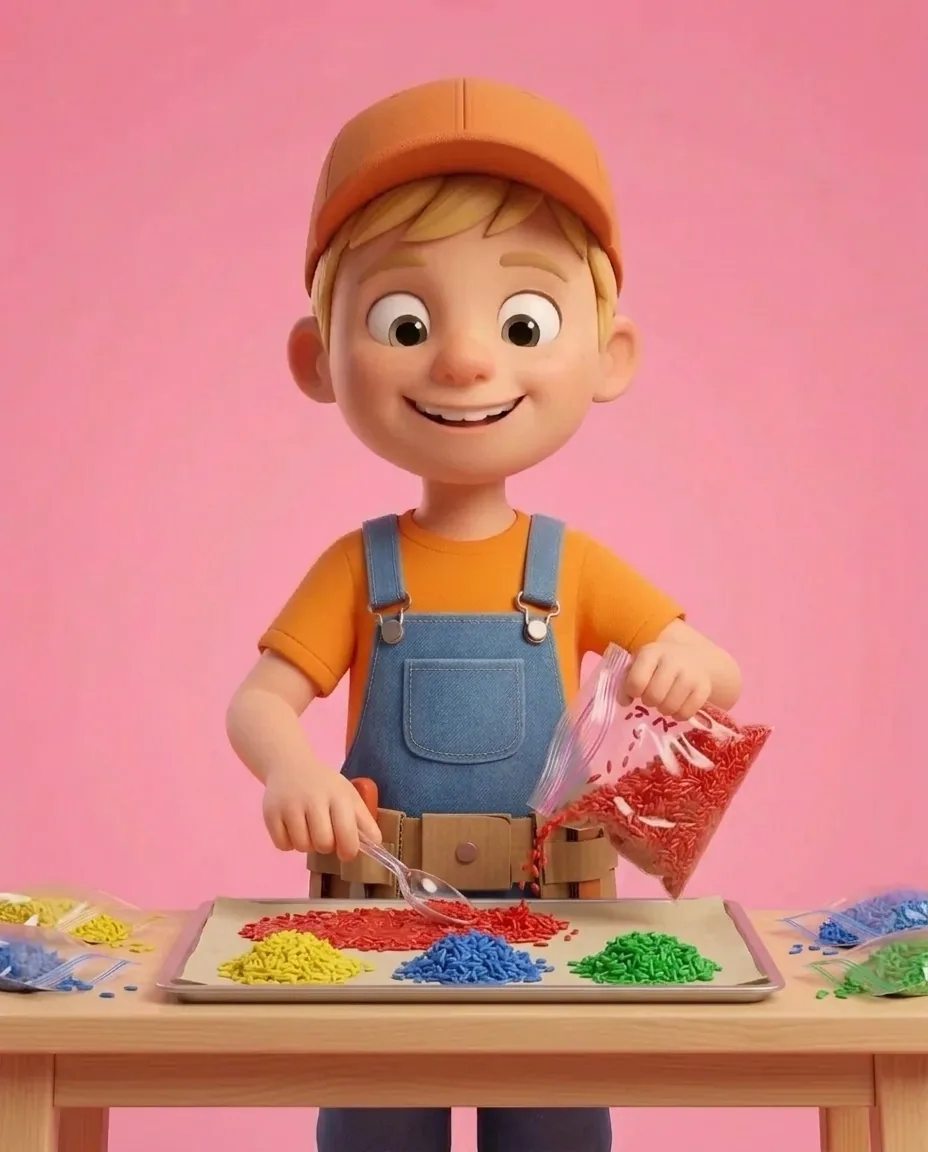 Captain A tips the coloured rice out of the zip-lock bags onto a flat tray lined with baking paper, keeping the red, yellow, blue, and green rice in…