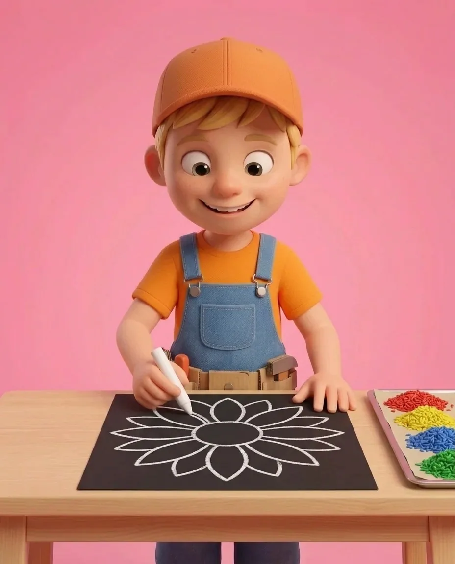Captain A holds a white crayon and draws a large flower shape in the middle of a sheet of black card.