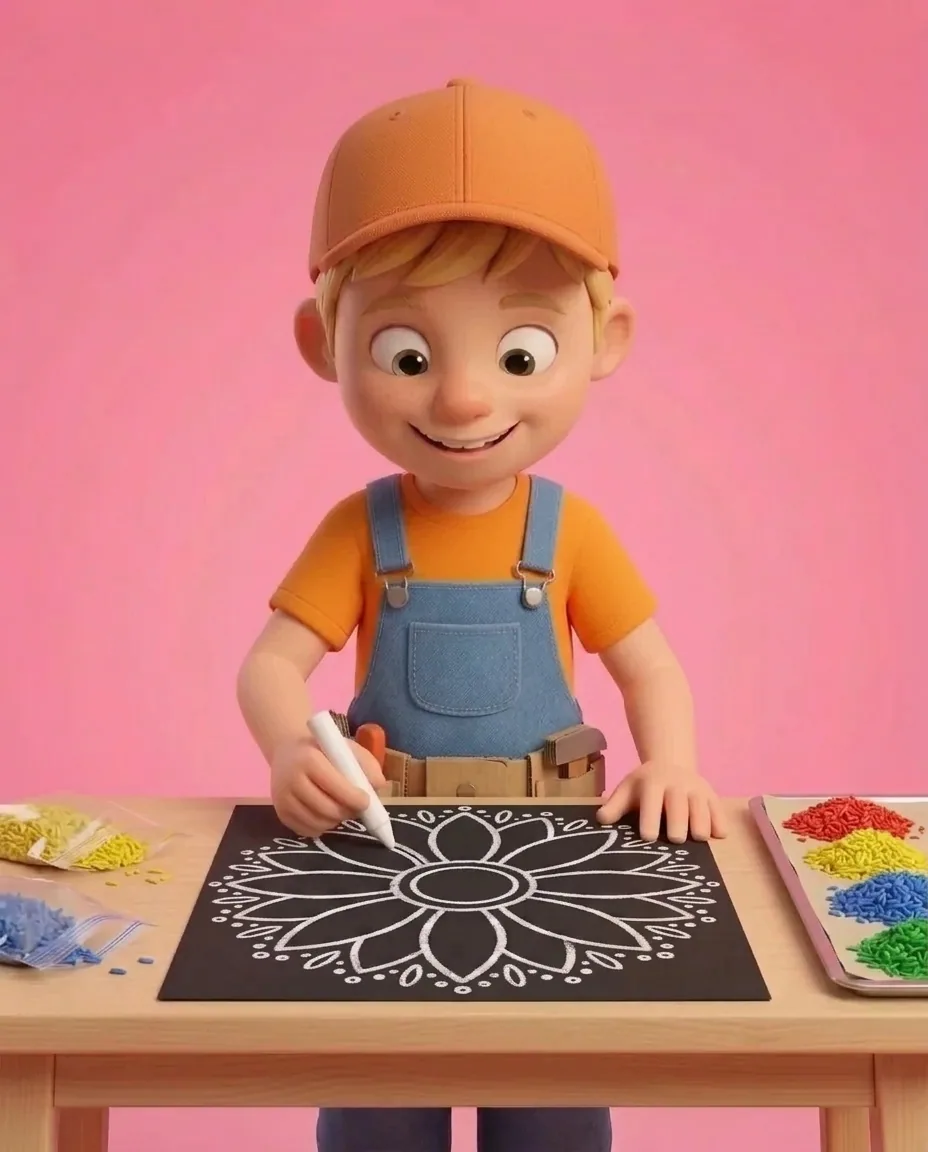 Captain A draws a neat circle with the white crayon right in the centre of the outlined flower.