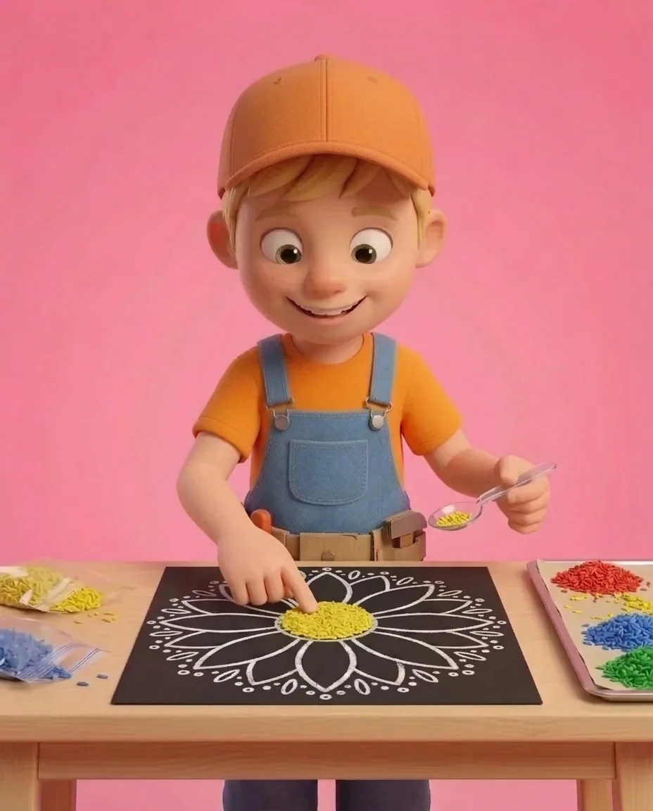 Captain A uses a small spoon to place yellow coloured rice inside the central white crayon circle on the black card.