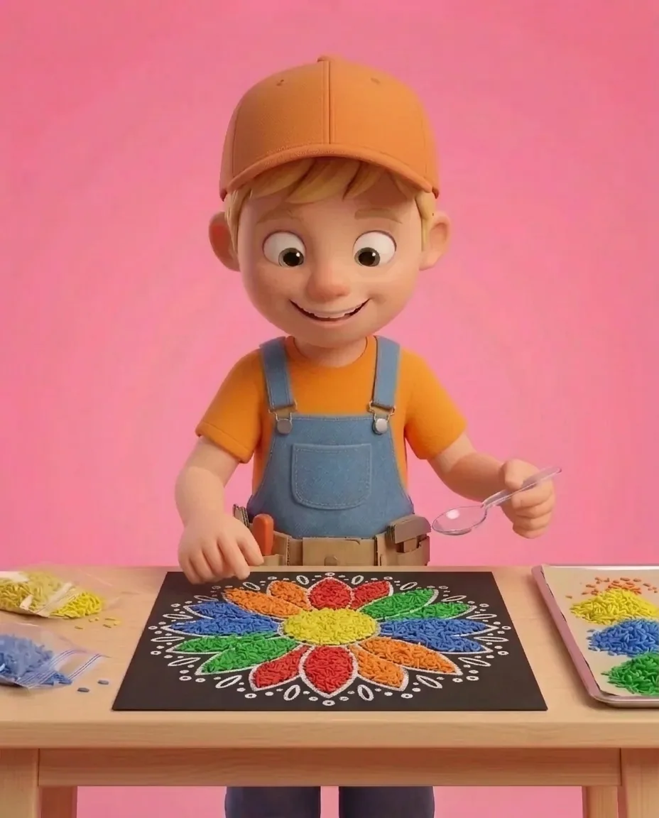 Captain A fills each drawn petal with a layer of coloured rice using the spoon, carefully placing identical colours such as red and blue on opposite…