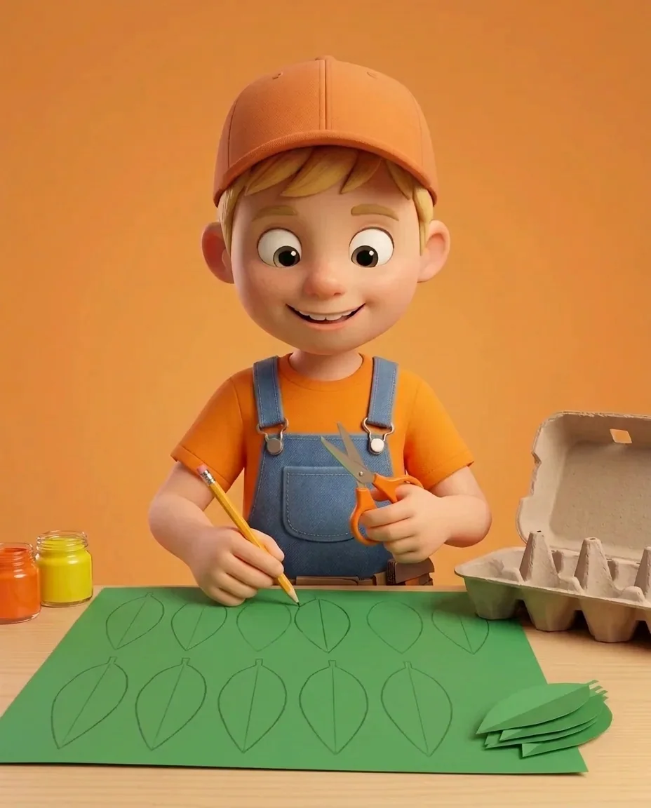 Captain A uses a pencil to draw twelve long, pointed mango-leaf outlines on a sheet of green paper.
