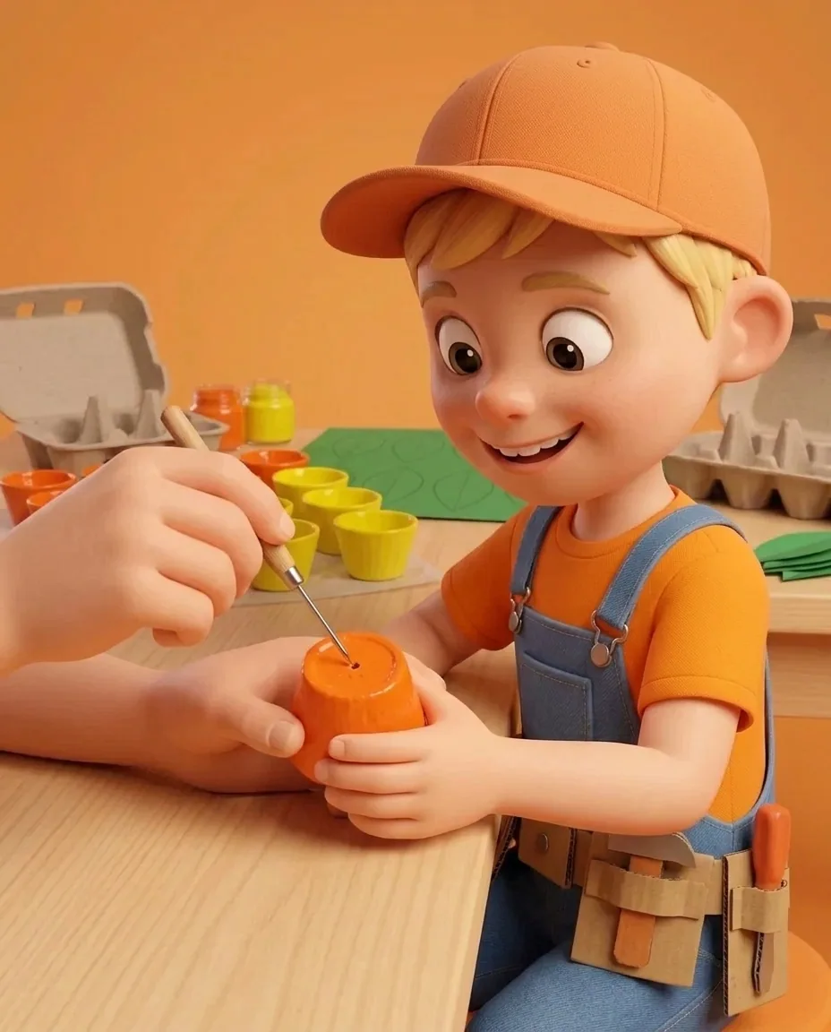 An adult uses a pointed tool to poke a small, neat hole directly through the center base of each painted egg-box flower.