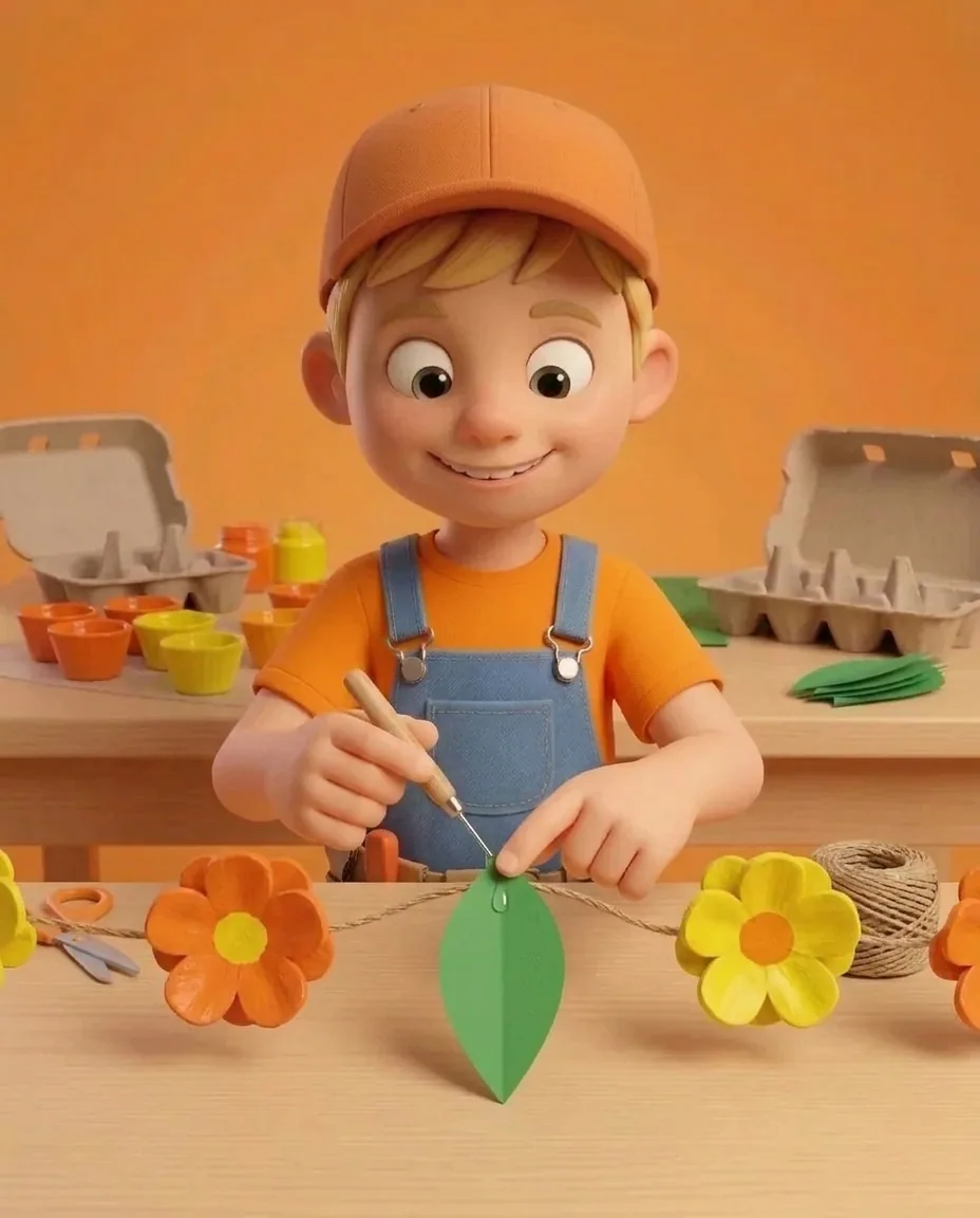 Captain A places the stem end of a green paper leaf between two flowers, folds the top tip over the string, and presses glue to secure it.