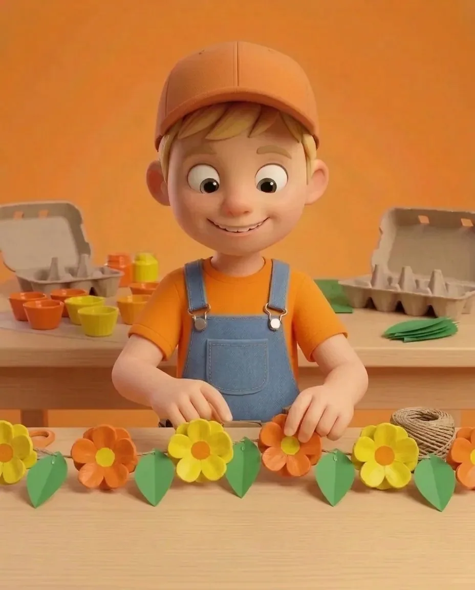 Captain A uses both hands to gently slide the flowers and leaves along the string to adjust their positions.