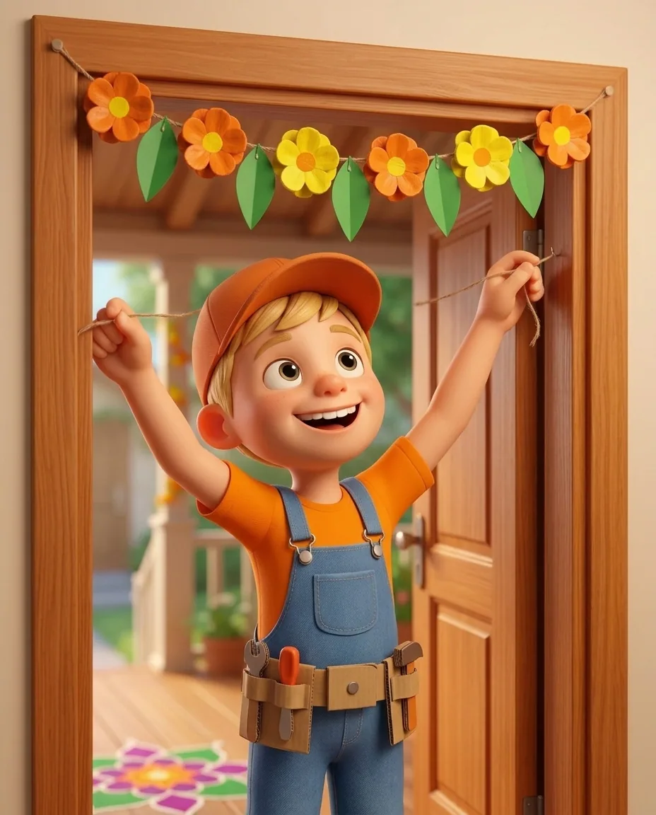 Captain A hangs the completed marigold toran horizontally across the top section of the door frame.