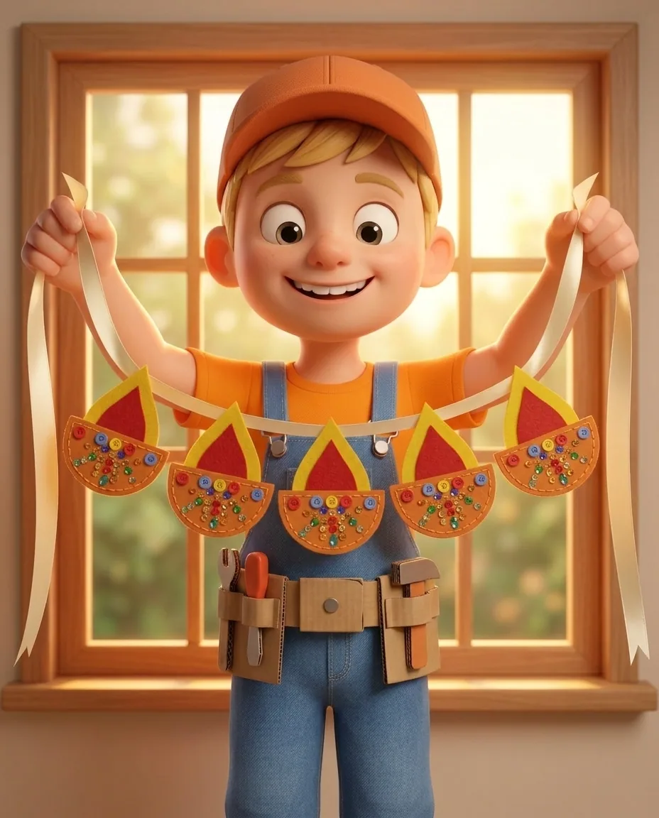 Captain A holds up the two ends of the ribbon to hang the completed garland across the window frame.