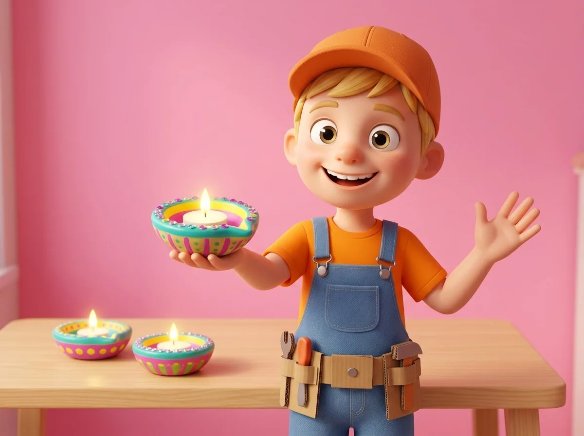 Captain A holds out a hand to proudly present a brightly painted salt-dough diya lamp with an excited, welcoming gesture.